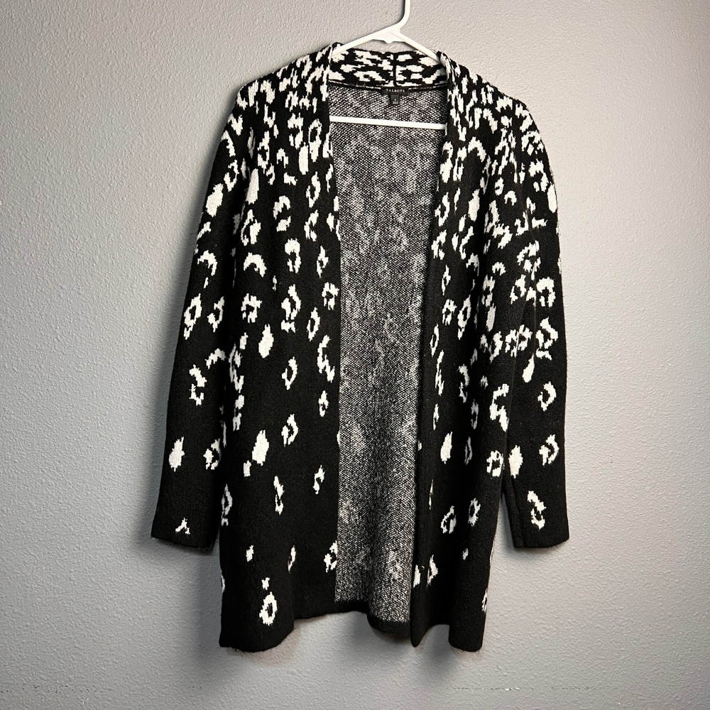 Talbots Womens Black White Leopard Print Open Front Cardigan Soft Sweater Sm